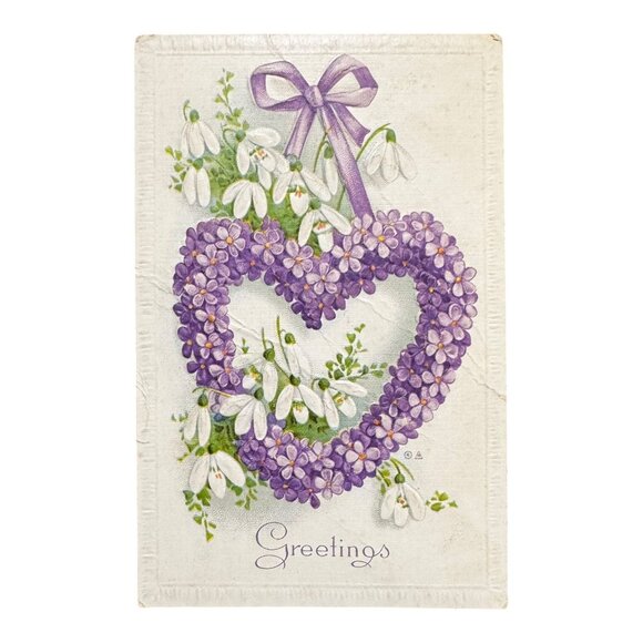 Vintage Embossed Postcard Purple Floral Heart & Snowdrops Greetings 1910 E.Nash - Picture 1 of 2